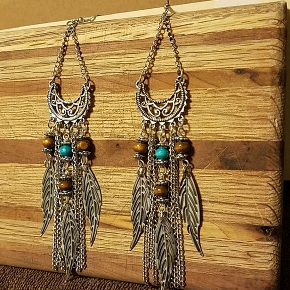 Silver Feather Dangling Earrings - Picture 2 of 2
